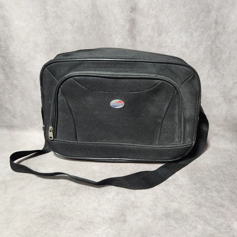 American Tourister Black Travel Messenger Bag Front Pocket Trolley Strap Unisex‎